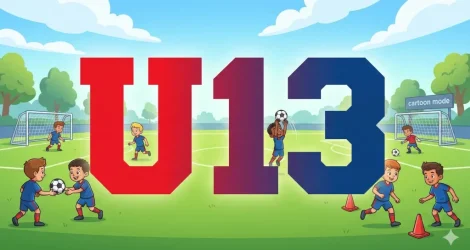 Illustration de la catégorie U13 du club ASVHB montrant des enfants s'entraînant au football sur un terrain, avec le texte U13 en dégradé rouge et bleu.