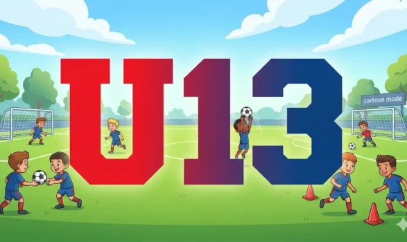 Illustration de la catégorie U13 du club ASVHB montrant des enfants s'entraînant au football sur un terrain, avec le texte U13 en dégradé rouge et bleu.