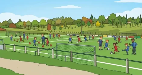 Illustration de l’école de foot de l’ASVHB avec des enfants en entraînement sur un terrain de football