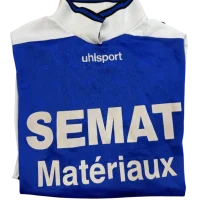 Maillot bleu ancien de l’AS Villebois Haute-Boëme avec sponsor SEMAT Matériaux